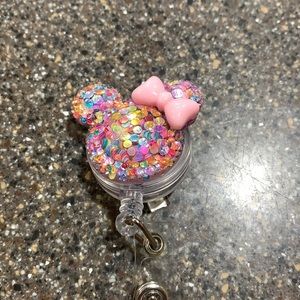 Pink glitter mouse ears badge holder